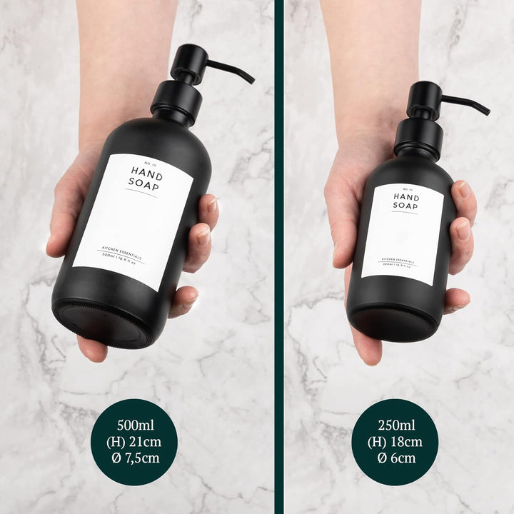 MONOKO 4er Set Seifenspender Schwarz Matt aus Glas | 500ml Shampoo Flaschen zum Befüllen | Spülmitte