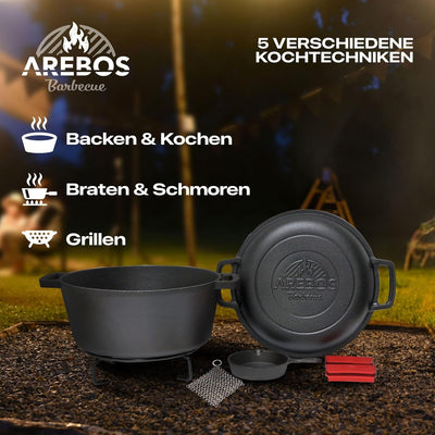 Arebos Dutch Oven Set 2in1 | Gusseisen Topf 4,8 L & Pfanne 1,8 L | Eingebrannter BBQ Feuertopf & Bra
