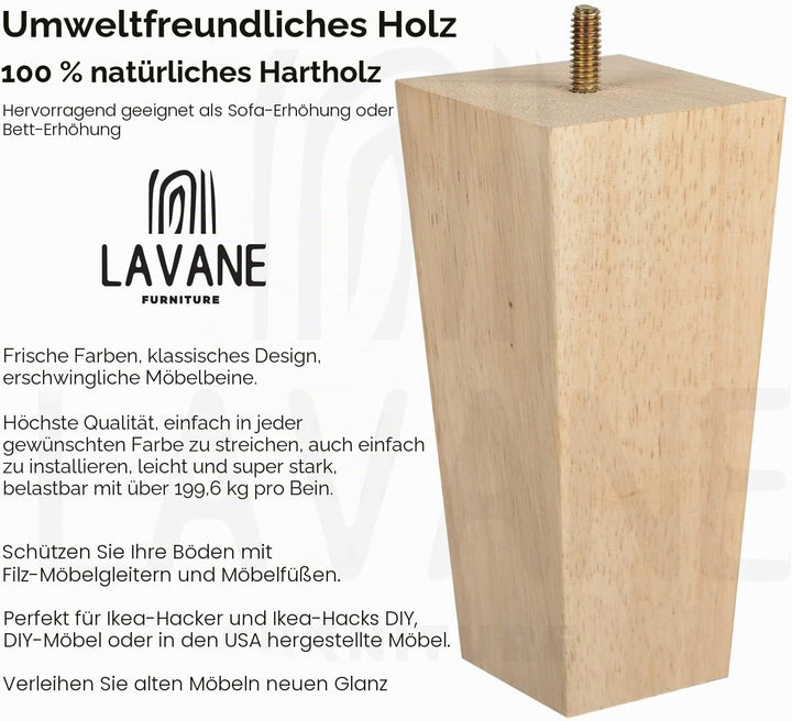 La Vane 4 Stück Möbelfüsse aus Massivholz - 12cm Höhe, Unlackiert, Pyramidenform mit M8 Gewindebolze