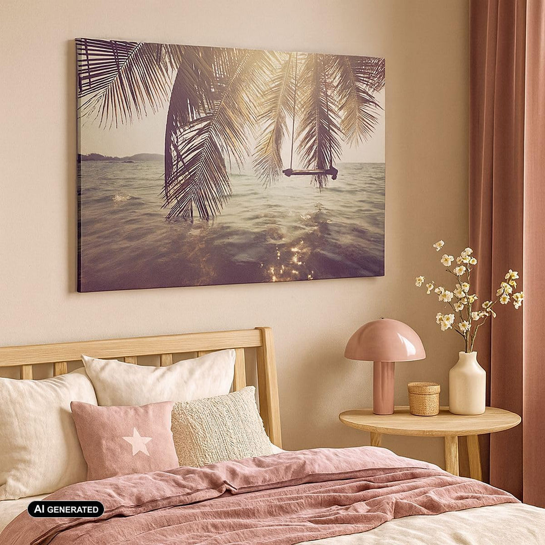 Bilder auf Leinwand 100x70cm Leinwandbild mit Rahmen Meer Palme Wasser Gross Wanddeko Bild Schlafzim
