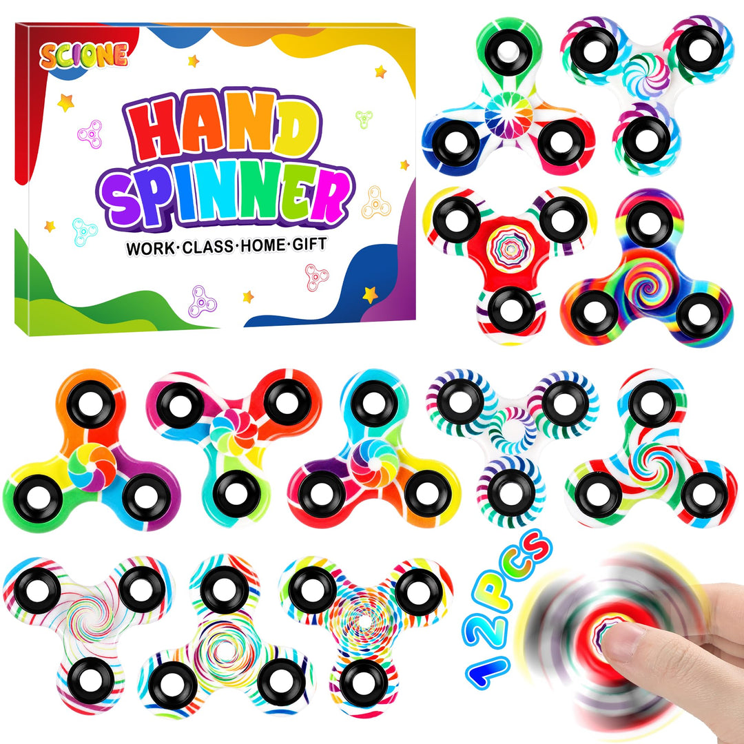 SCIONE 12er Pack Fidget Spinner Geometrisch (6,3 cm), Moderne Fingerkreisel für Konzentration &amp; Ruhe