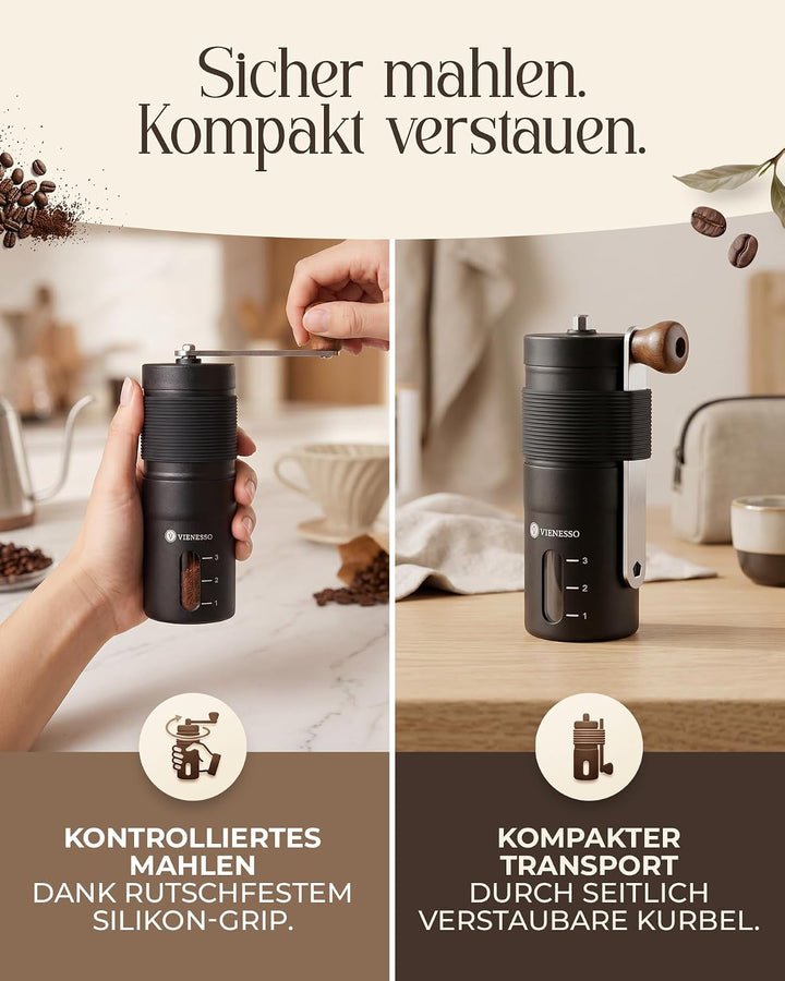 Kaffeemühle Manuell mit Keramikmahlwerk | Kompakte Handkaffeemühle mit stufenloser-Mahlgradeinstellu