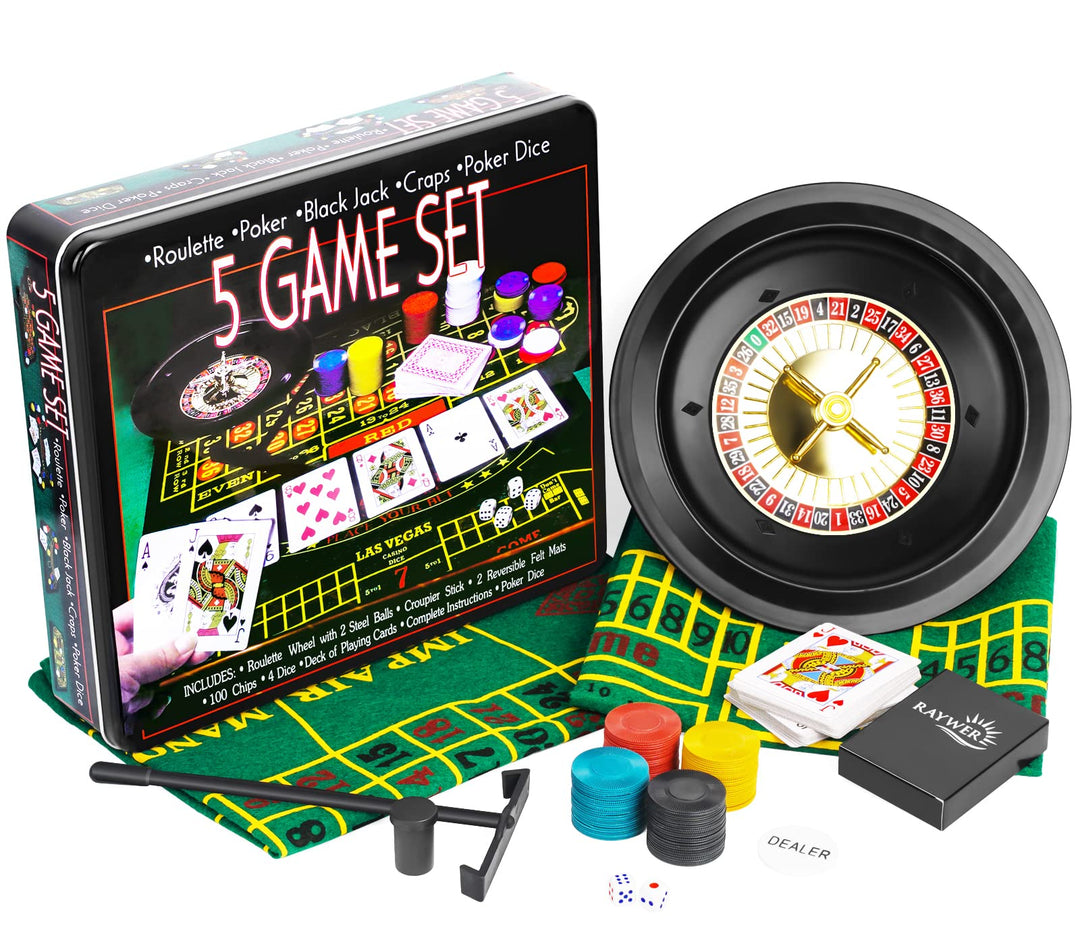 Bo-Toys 5 in 1 Casino Spiele Set: Roulette, Poker, Black Jack, Craps, Chips, Matten, Würfel, Karten,