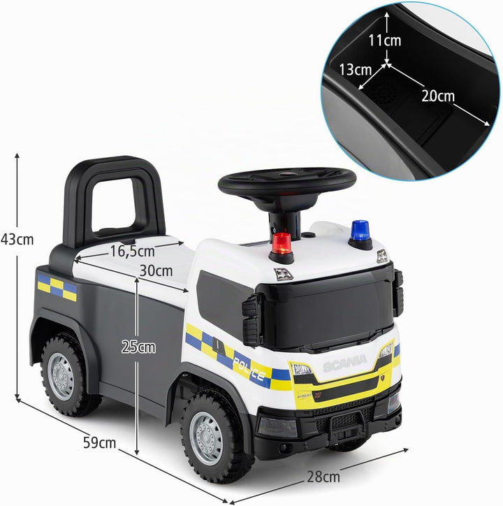 GOPLUS Kinder Rutschauto, 2 in 1 Schiebeauto, Polizeiauto mit Lichtern, Geräuschen &amp; Stauraum unter