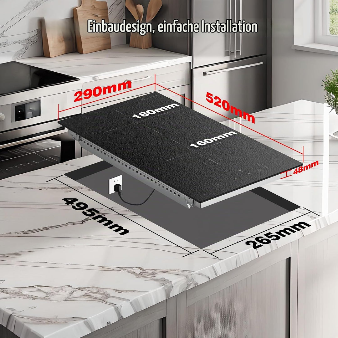 Induktionskochfeld 2 Platten Einbau, Induktionskochfeld mit Mattiertes Glas, Boost-Funktion, 9 Leist