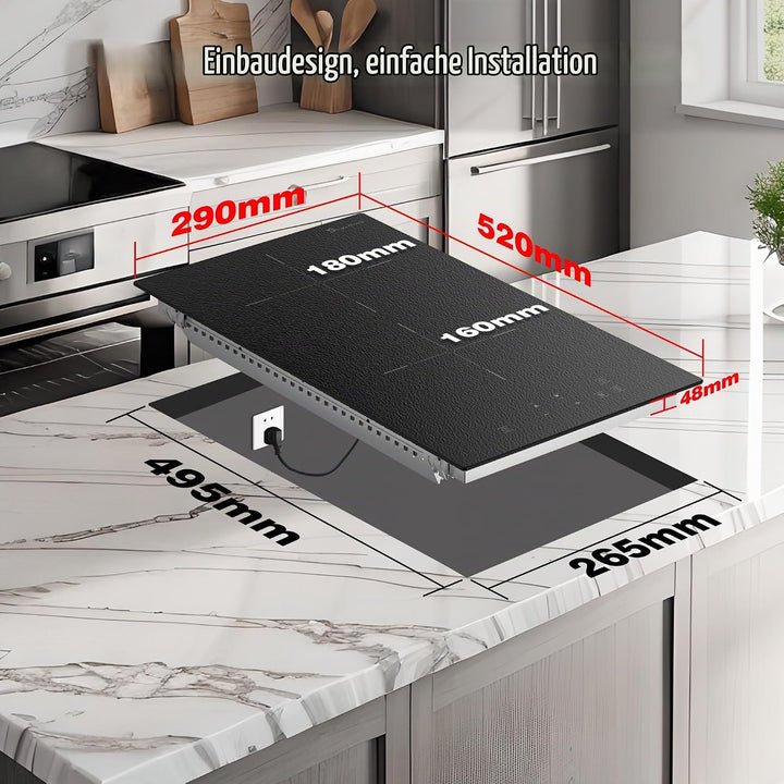Induktionskochfeld 2 Platten Einbau, Induktionskochfeld mit Mattiertes Glas, Boost-Funktion, 9 Leist