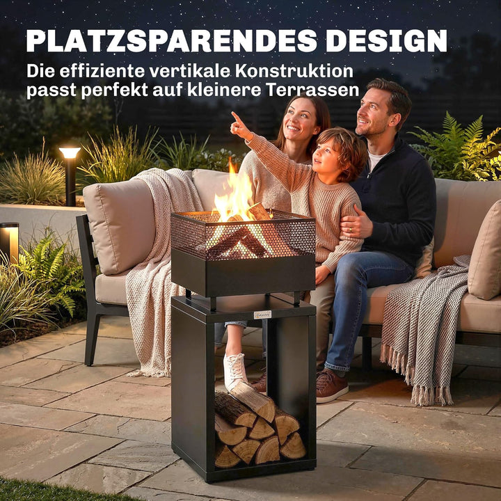 Outsunny Feuerschale 39 x 39 x 87 cm Feuerstelle mit Holzlager Kohlegitter verstellbaren Füssen, Feu
