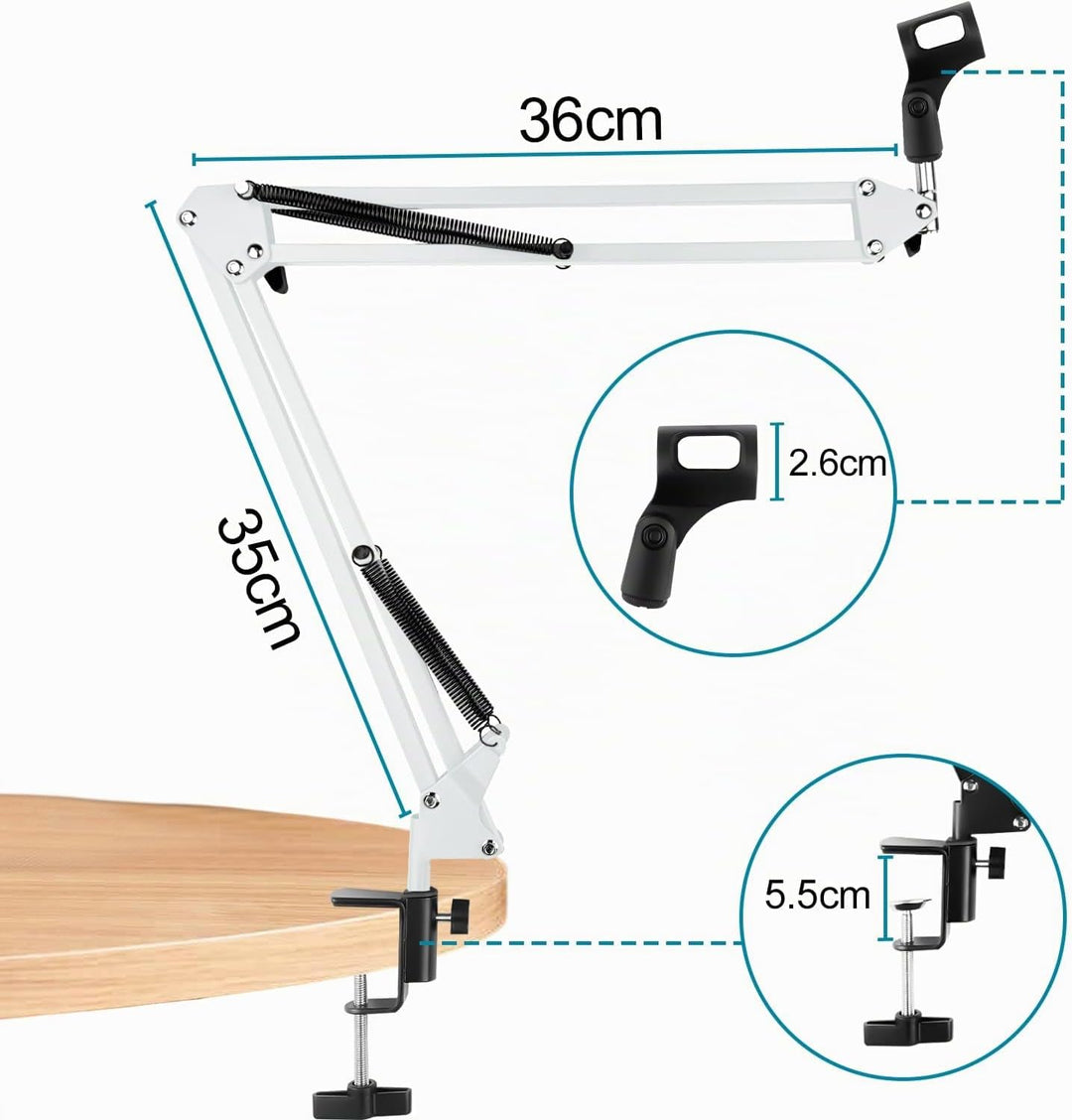 Mikrofon Arm, Mikrofonarm Einstellbare Mikrofonständer Weiss mit Shock Mount, Pop-Filter, 5 Kabelbin