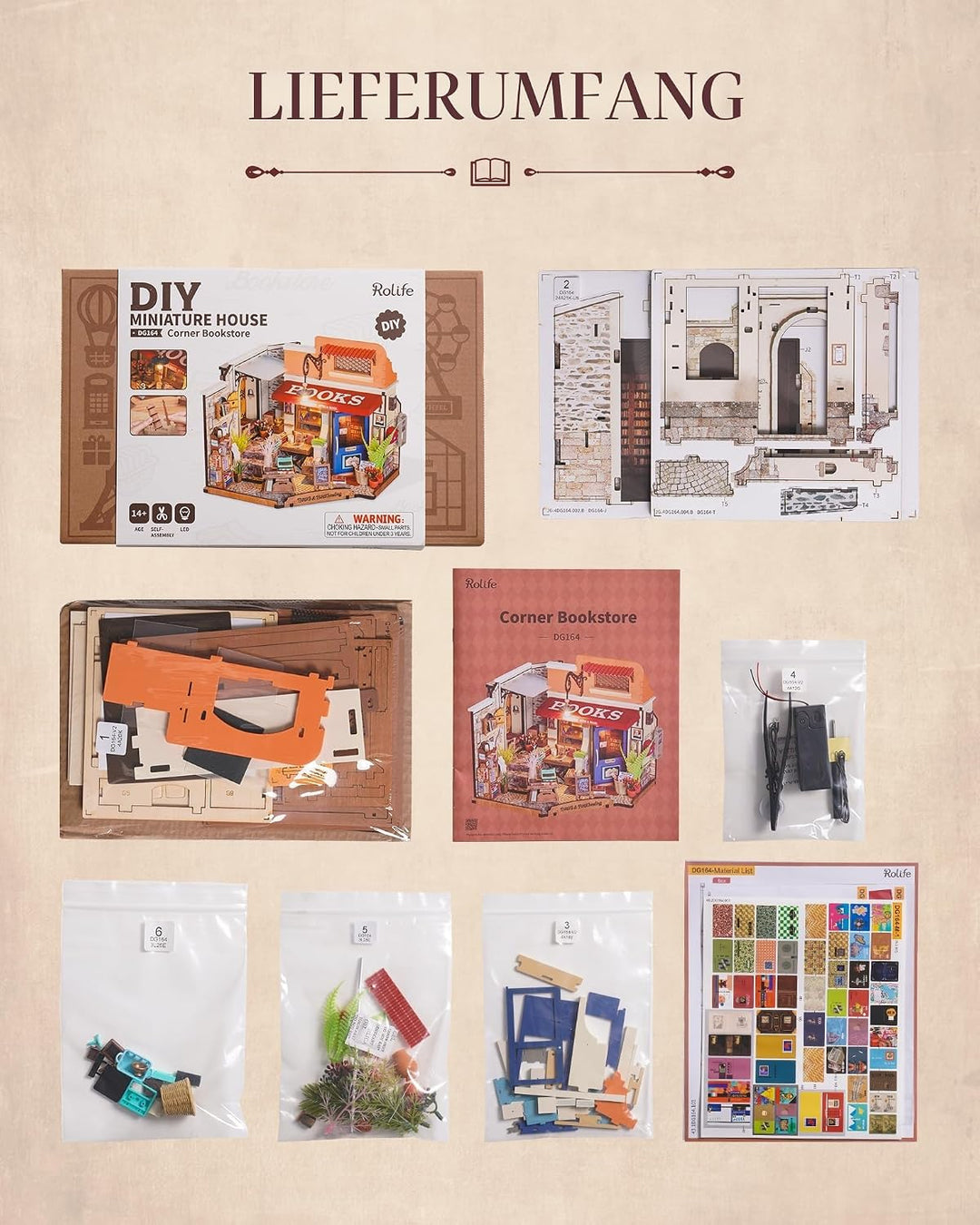 Rolife Puppenhaus Ecke Buchhandlung DIY Miniaturhaus Bausatz Puppenhaus Holzmodellbausatz mit Möbeln