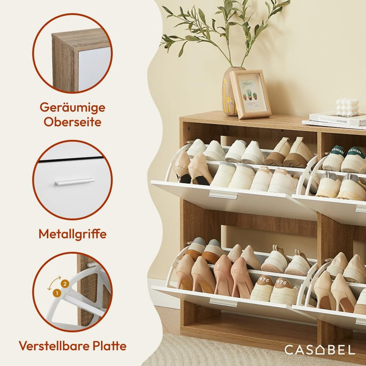 CASABEL Schuhschrank mit 4 Klappen, Schuhregal Weiss & Holz, Modernes Design, Grosse Kapazität für 2