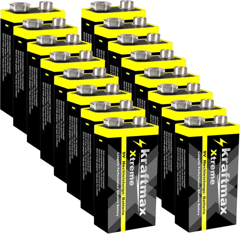 kraftmax 16er Pack Xtreme 9V Block Hochleistungs- Batterien ideal für 10 Jahres Rauchmelder - 6LR61