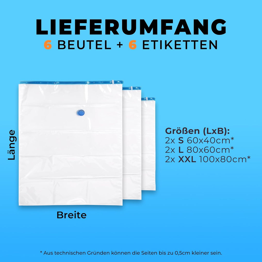Die Vakuumbeutel für Kleidung und Bettdecken von figg (6er Set 2x XXL, 2x L und 2x S) - 6 Vakuumierb