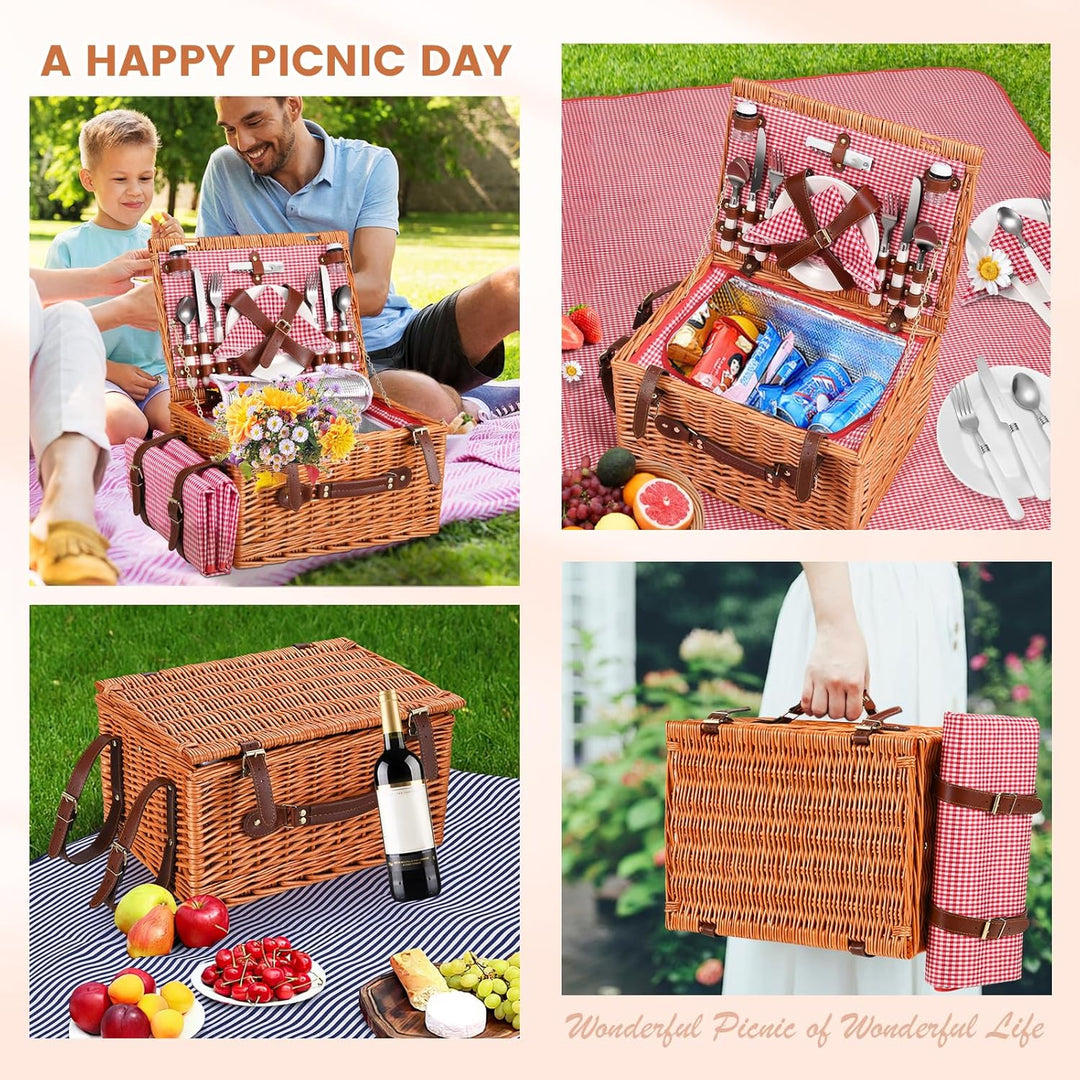 Premium Picknickkorb-Set für 4 Personen, Weidenkorb mit Kühlfach, Wasserdichter Decke, Tellern, Gläs