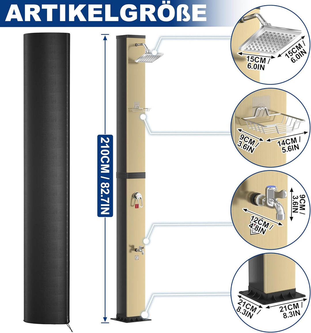 AufuN Solardusche Gartendusche 40L mit Chrom & Edelstahl, Warmwasser bis 60°C ohne Strom, 15cm Dusch