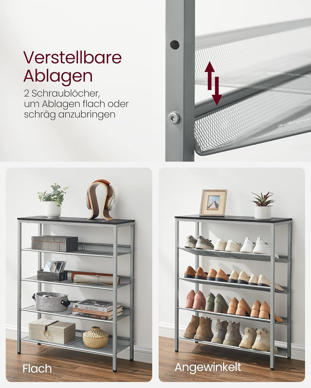 VASAGLE Schuhregal, Schuhablage, 5 Ebenen, grosse Oberfläche, verstellbare Gitterablagen, platzspare