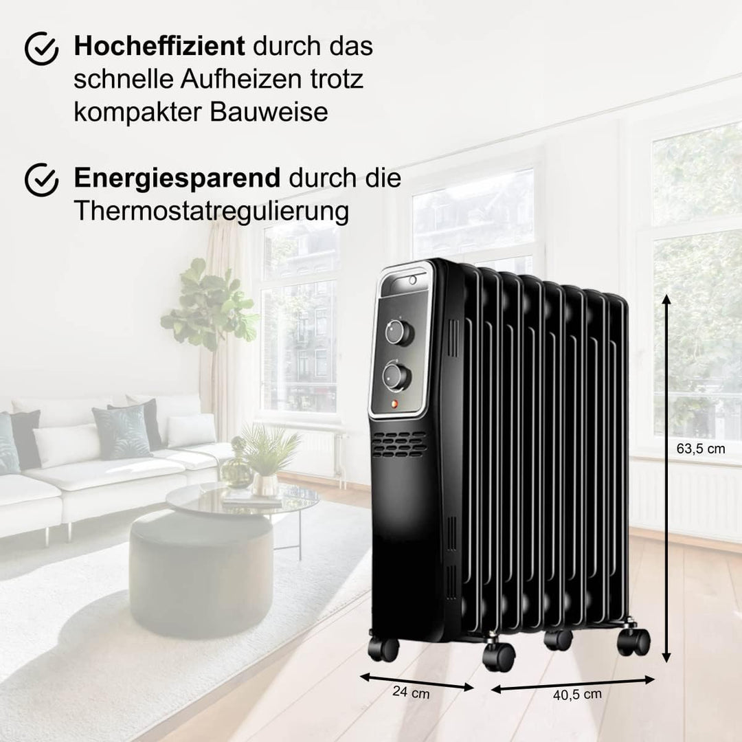 Ölradiator energiesparend Elektro-Heizkörper 2000 Watt mit Thermostat, regulierbar, 3 Heizstufen 800