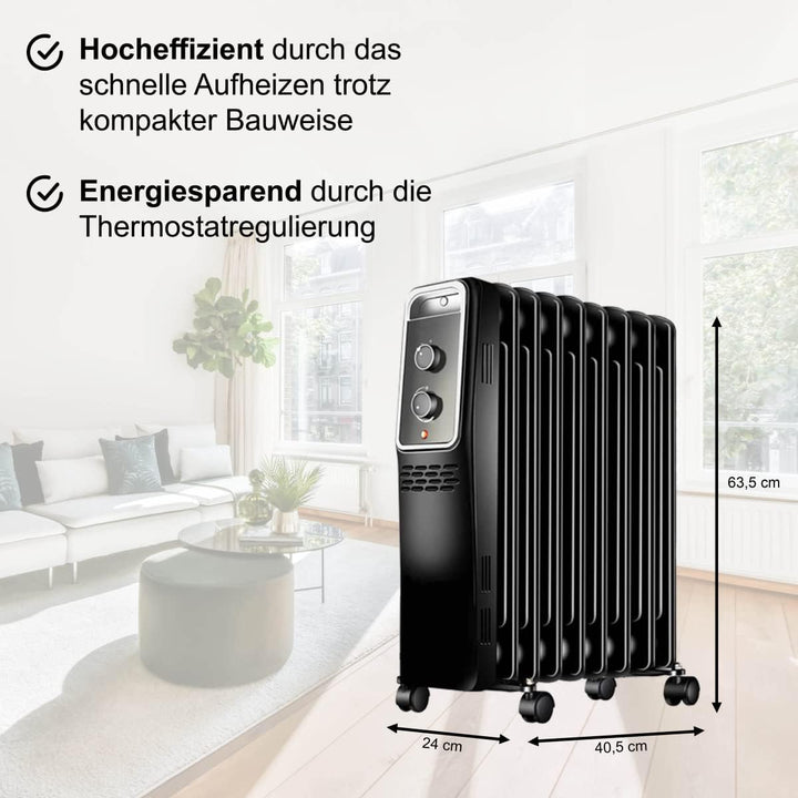 Ölradiator energiesparend Elektro-Heizkörper 2000 Watt mit Thermostat, regulierbar, 3 Heizstufen 800