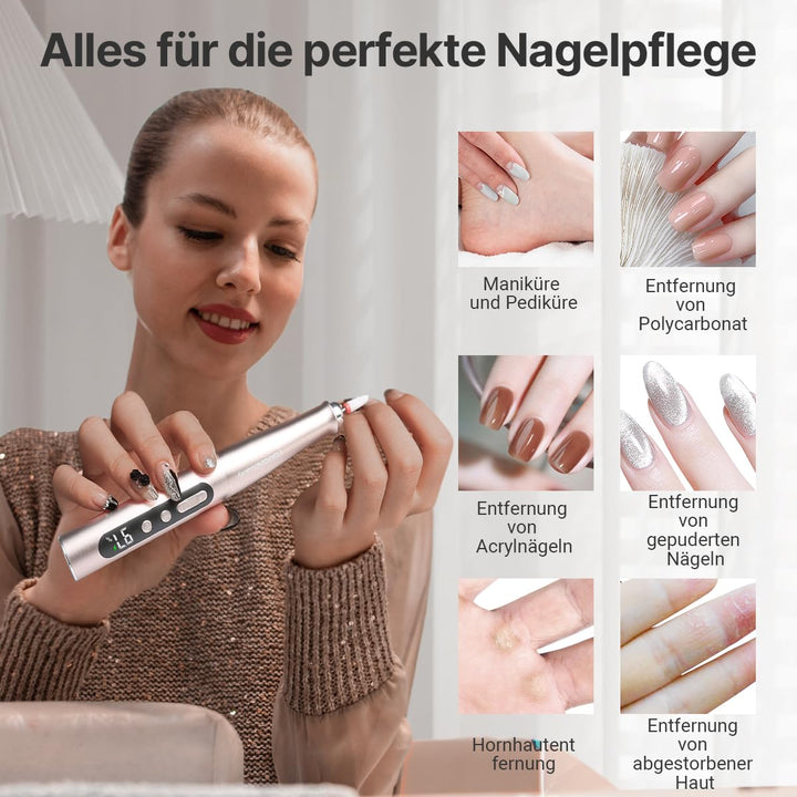 TOUCHBeauty Elektrische Nagelfeile Set Kabellos-Nagelfräser Nail Drill mit 5 Geschwindigkeiten, LCD-
