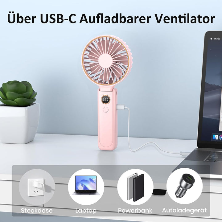 Rintea Handventilator, Tragbarer Mini Ventilator mit 6 Geschwindigkeiten, Faltbarer USB Ventilator,