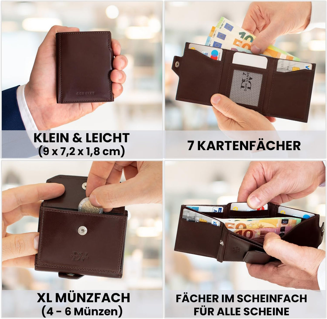 DON VANE Elite Pocket I Slim Wallet mit XL Münzfach I Mini Geldbörse Leder mit RFID Schutz I Kleines