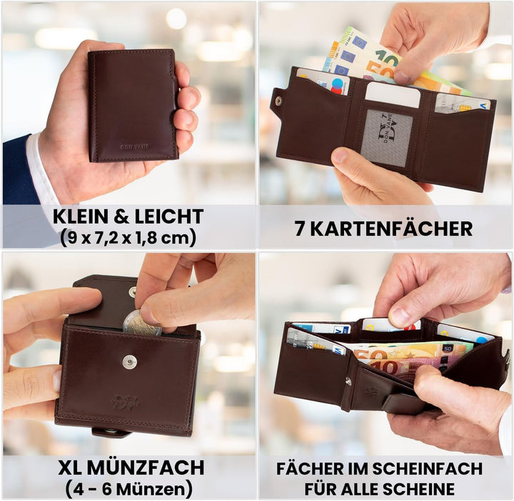 DON VANE Elite Pocket I Slim Wallet mit XL Münzfach I Mini Geldbörse Leder mit RFID Schutz I Kleines