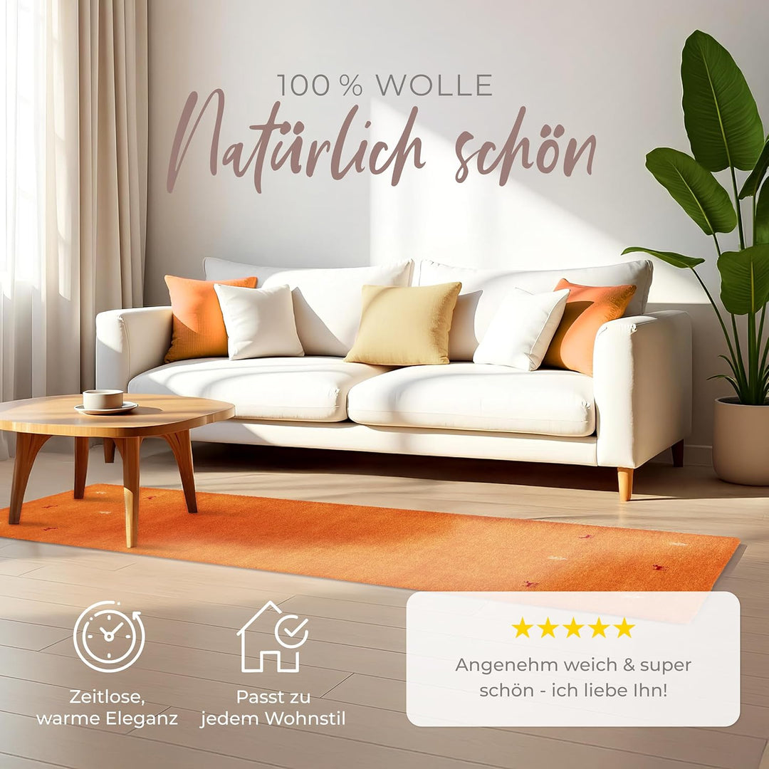 carpetfine Wollteppich Gabbeh Uni Läufer Orange 60x180 cm | Moderner Teppich für Wohn- und Schlafzim