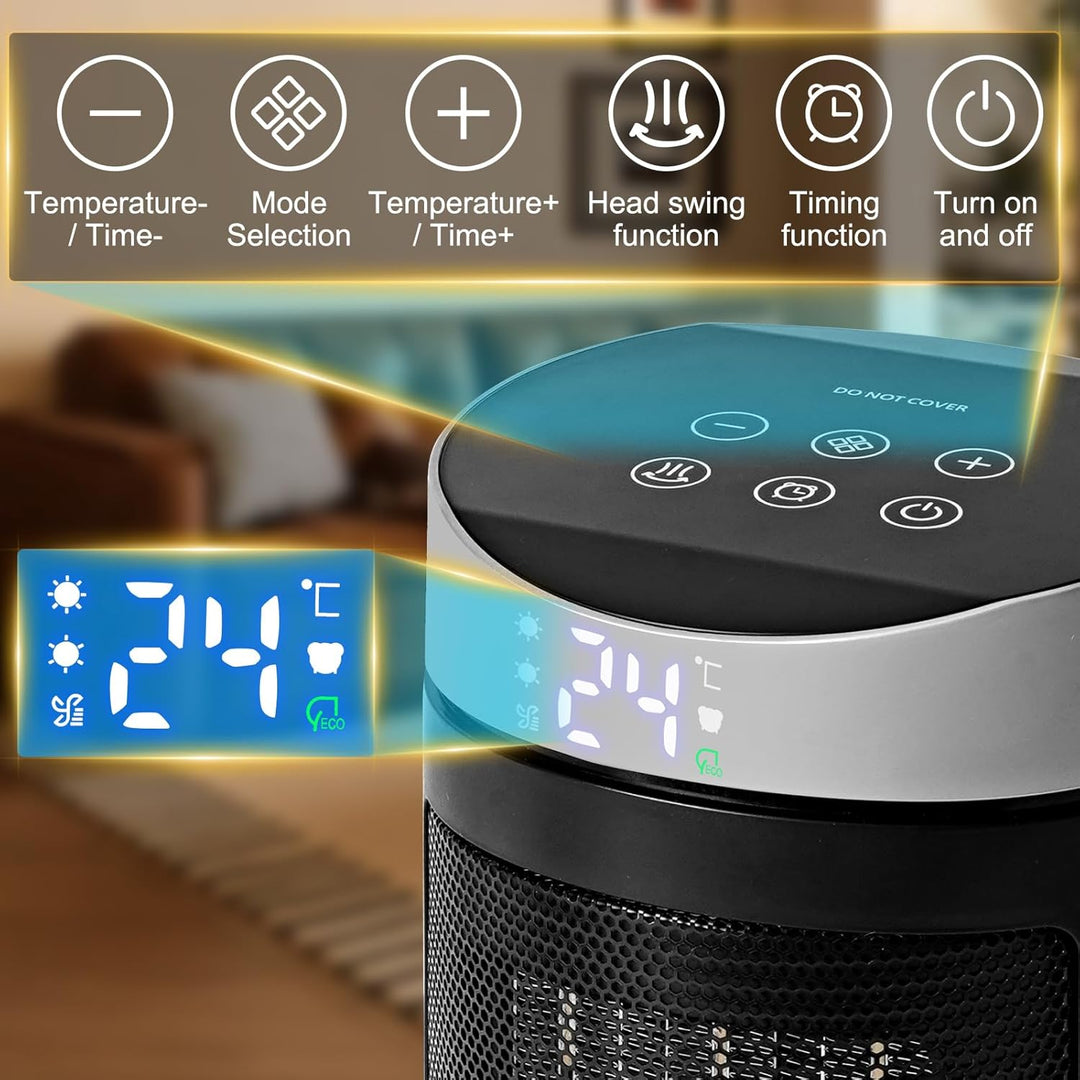 HOSSOM Energiesparender Heizlüfter, 1500W Elektroheizung PTC-Keramik Heizung, 90° Oszillierend Elekt