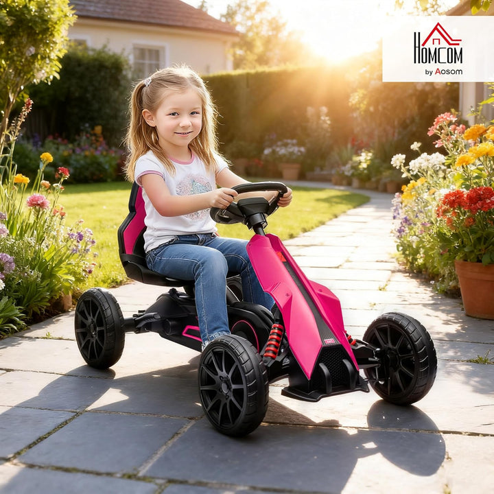 HOMCOM Gokart Tretauto mit Handbremse, verstellbarem Sitz, Vor- und Rückwärtsgang, Tretfahrzeug Kind