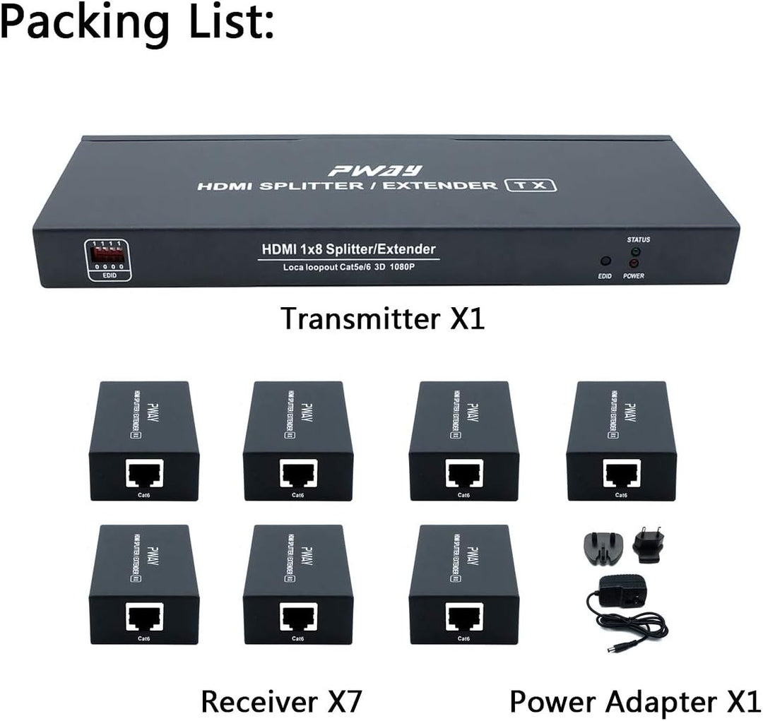 PW-HT226P7（POC） 1X7 Port HDMI Extender Splitter Verteiler Ultra HD 1080P Ohne Verzögerung 165ft(50m)