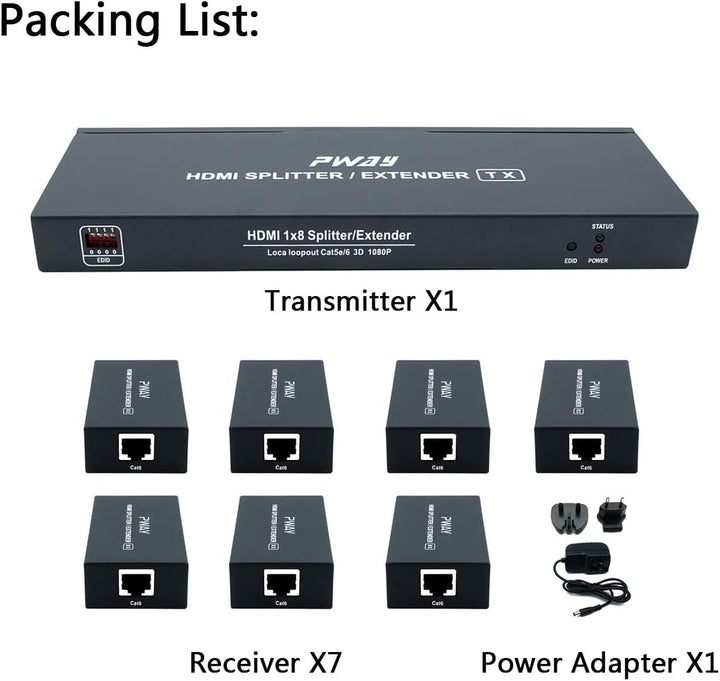 PW-HT226P7（POC） 1X7 Port HDMI Extender Splitter Verteiler Ultra HD 1080P Ohne Verzögerung 165ft(50m)