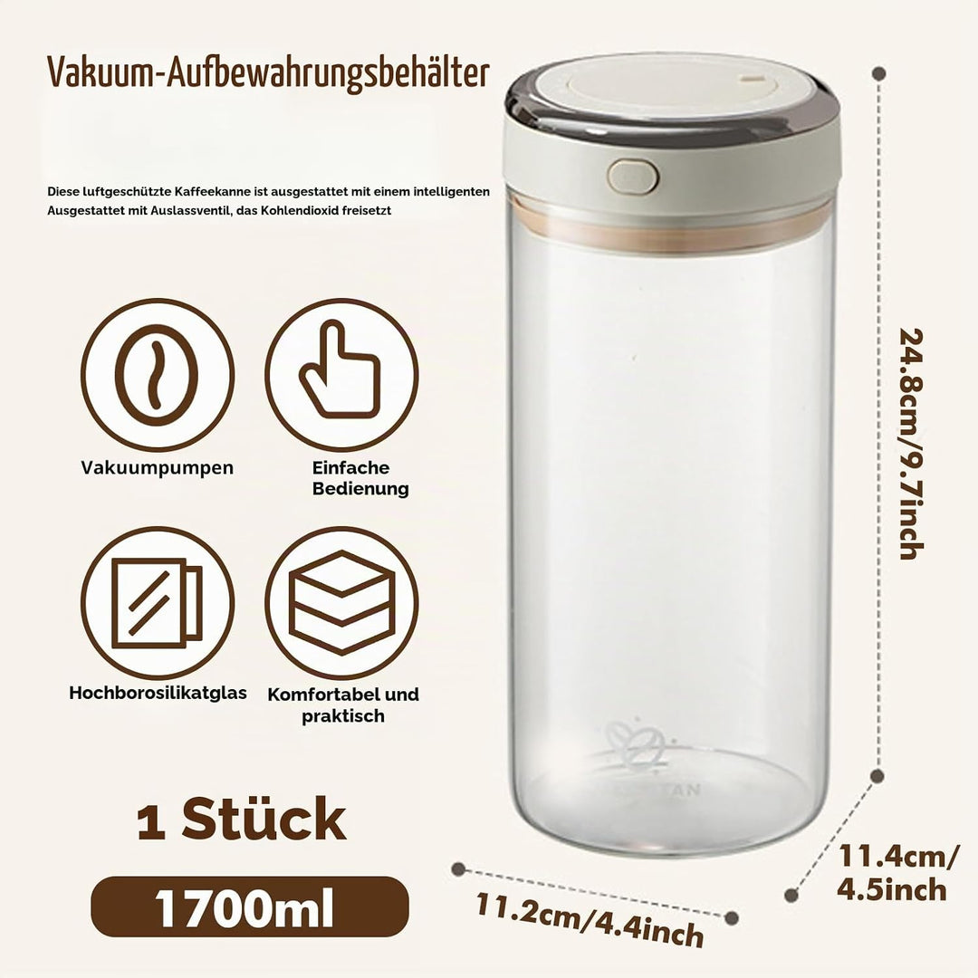 Glas Kaffeedose Luftdicht, 1,7L Vakuum Kaffeebohnen Transparent Behälter mit Auslassventil Datumsanz