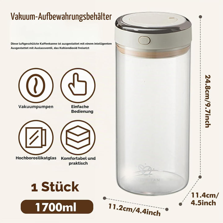 Glas Kaffeedose Luftdicht, 1,7L Vakuum Kaffeebohnen Transparent Behälter mit Auslassventil Datumsanz