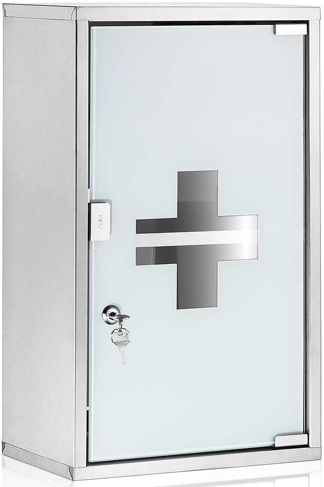 Bakaji Schrank für Medikamente, Erste-Hilfe-Schrank aus Edelstahl und satiniertem Glas, Farbe Silber