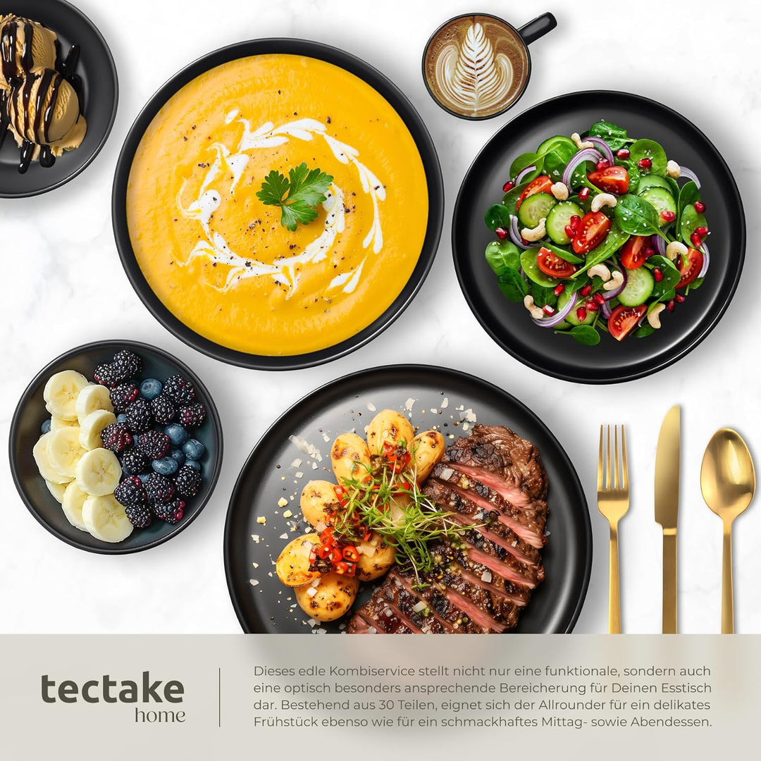 tectake® Küchenstarterset 6 Personen, Steingut Geschirr Set, Teller, 3 Pfannen, 2 Töpfe, rostfreies