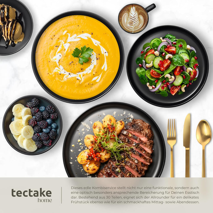 tectake® Küchenstarterset 6 Personen, Steingut Geschirr Set, Teller, 3 Pfannen, 2 Töpfe, rostfreies