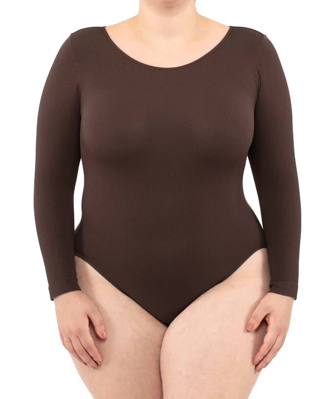 LEELA LAB Bodysuit Damen Grösse Grössen Langarm Gerippter Body, Verstellbarem Verschluss, Nahtloser