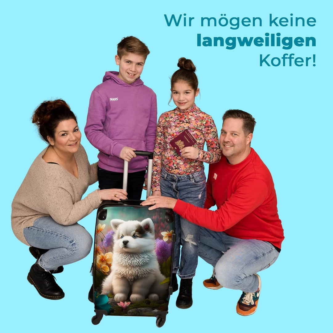 Koffer gross Trolley Rollkoffer Reisekoffer mit 4 Rollen Fotokoffer - Welpe - Blumen - Pflanzen - Na