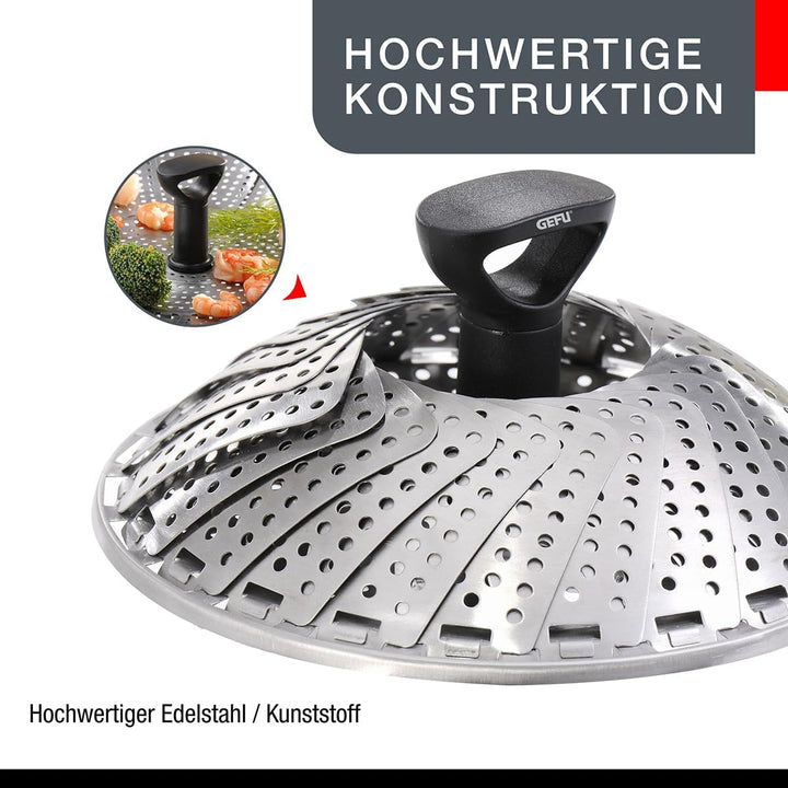 GEFU Dünsteinsatz VITALA | Faltbare Edelstahl-Dünstschale Ø 18–27 cm | Mit Teleskopgriff &amp; Silikonfü