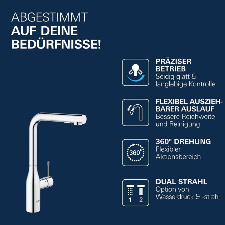 GROHE Essence - Einhand-Spültischbatterie (herausziehbare Dual Spülbrause, Schwenkbereich 360°, Einl