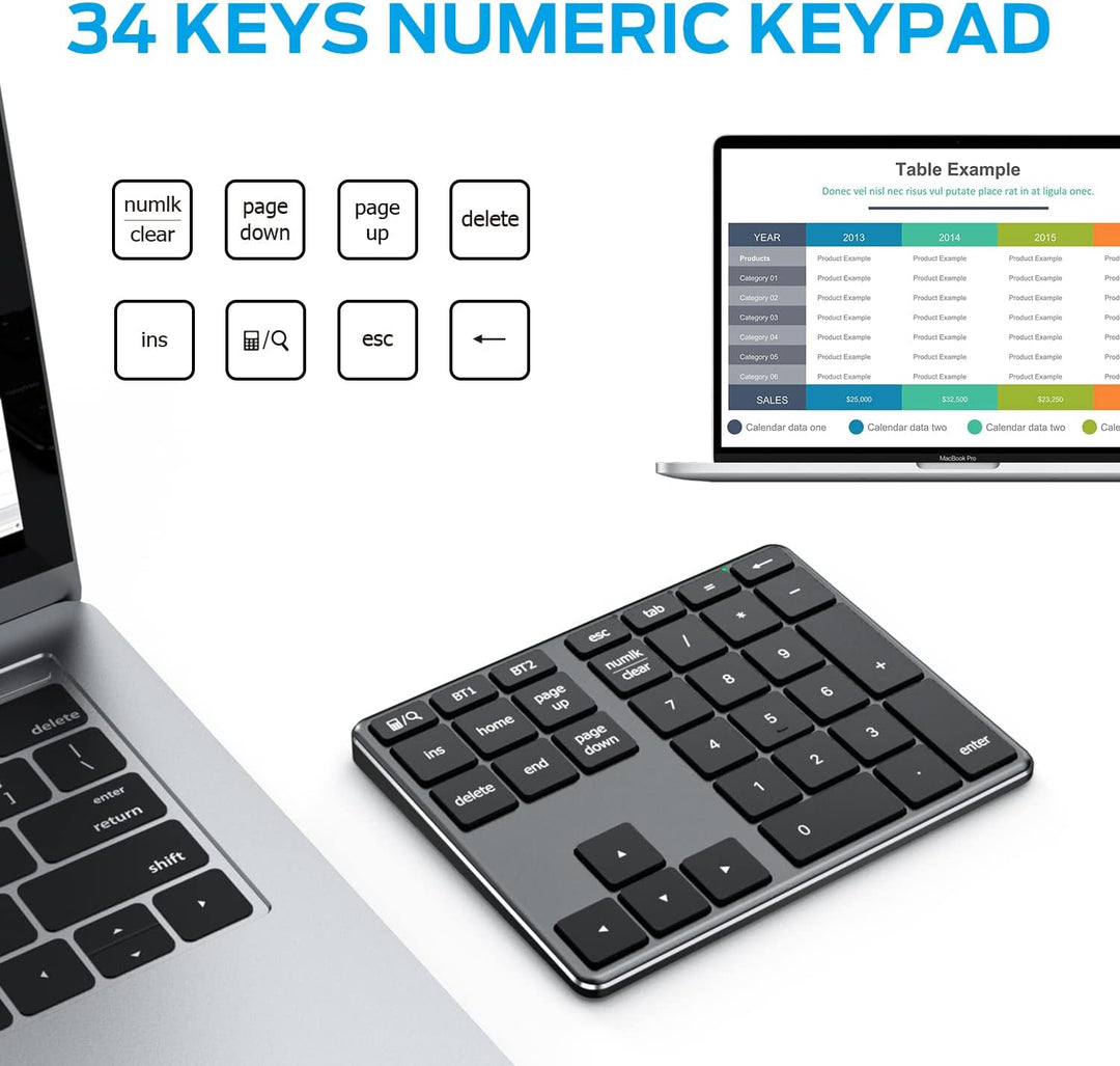 iClever Nummernblock, kabelloser Aluminium-Nummernblock für mehrere Geräte, USB-C wiederaufladbar, e