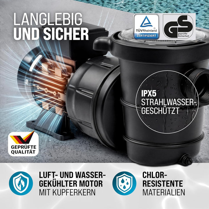 MONZANA® Filterpumpe 15.900 l/h mit Vorfilter Poolpumpe Umwälzpumpe Sandfilter Pool Pumpe 8,0m Förde