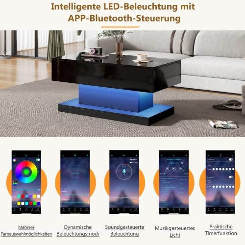 Merax Couchtische 100x50x45 cm, Hochglanz-Lift-Teetisch, Kaffeetisch mit LED-Beleuchtung – Halbhebba