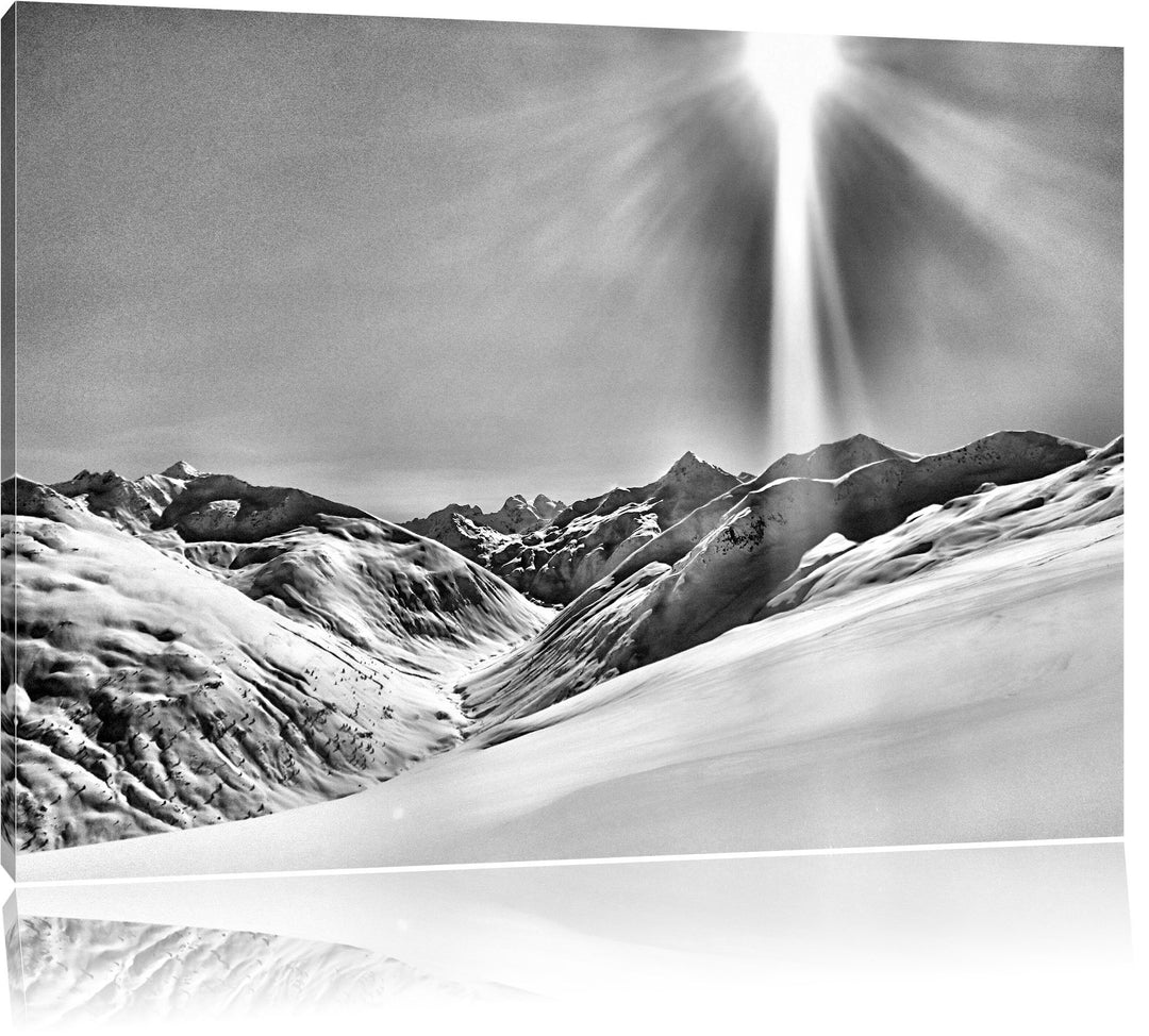 Monocrome, Schnee Berge, Format: 100x70 auf Leinwand, XXL riesige Bilder fertig gerahmt mit Keilrahm