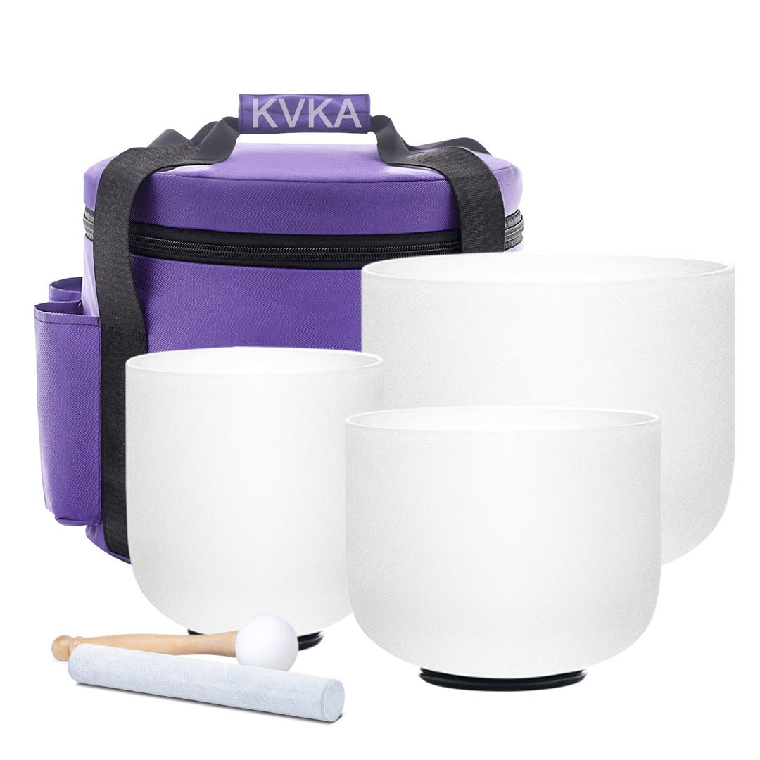 KVKA Kristall-Klangschalen Set, 432Hz 3PCS Crystal Singing Bowl Weiss Chakra Klangschale für Yoga Me