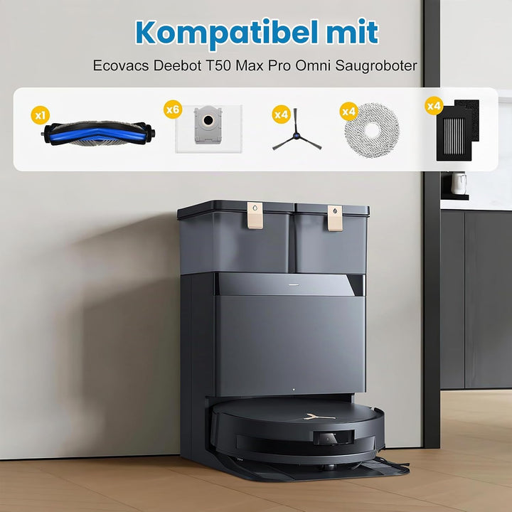 20 Stück Zubehör für Ecovacs Deebot T50 Max Pro Omni Saugroboter, 1 Hauptbürste, 4 Wischpads, 6 Stau