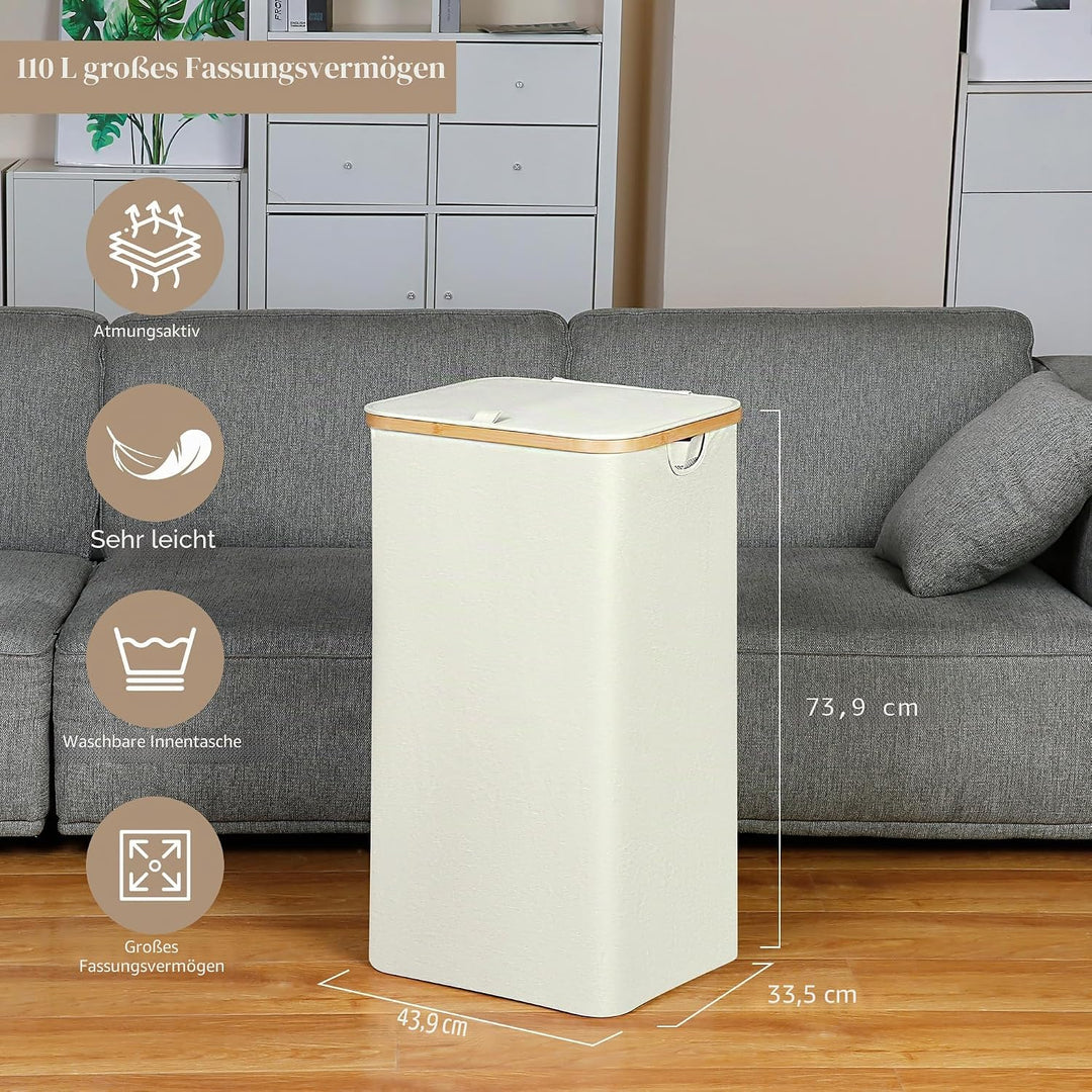 iEGrow Wäschekorb mit Deckel 110L, Wäschesammler mit Herausnehmbarer und Waschbarer Innentasche, Wäs