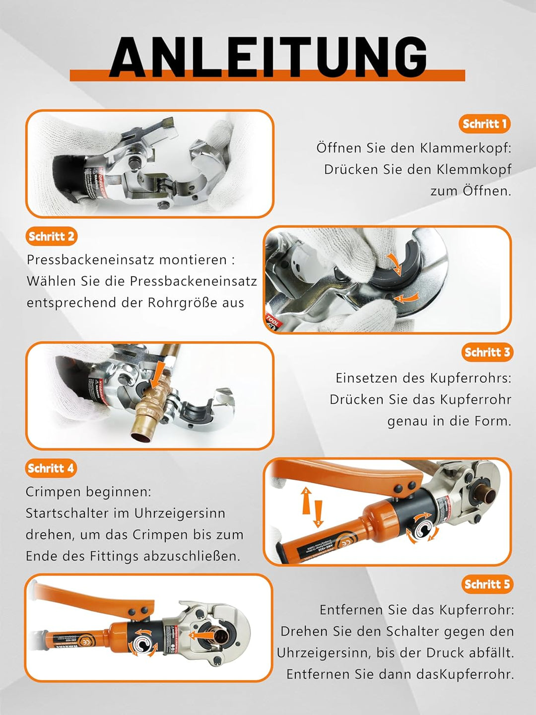 AMZCNC Profi Presszange (hydraulisch) SC-Contur 12-15-18-22-28 Set Presswerkzeug mit 360° drehbarem