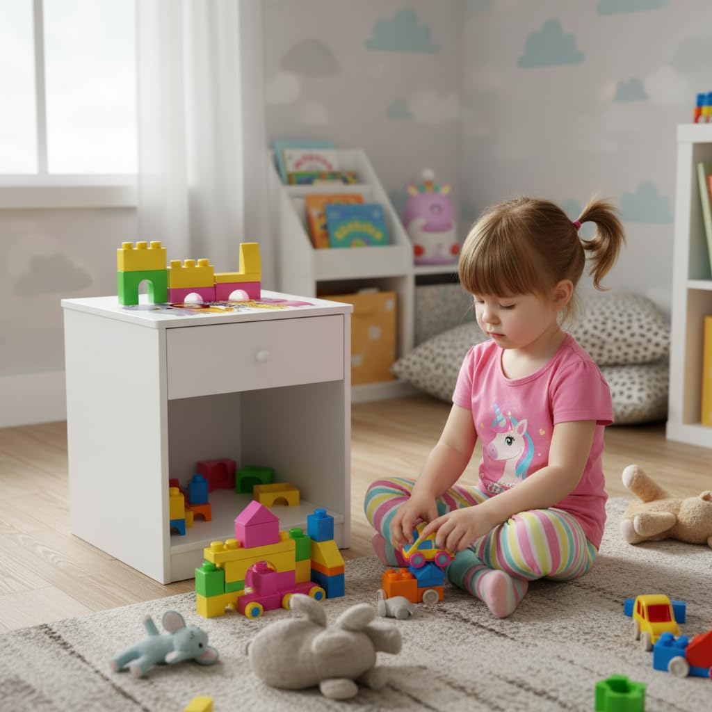 Leomark Nachttisch aus Holz - Animals - Nachtschränkchen mit Schublade, Nachtschrank für Kinder, Wei