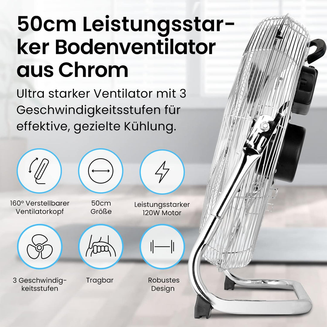 Pro Breeze 50 cm Bodenventilator aus Chrom, Ventilator mit 3 Geschwindigkeitsstufen und verstellbare