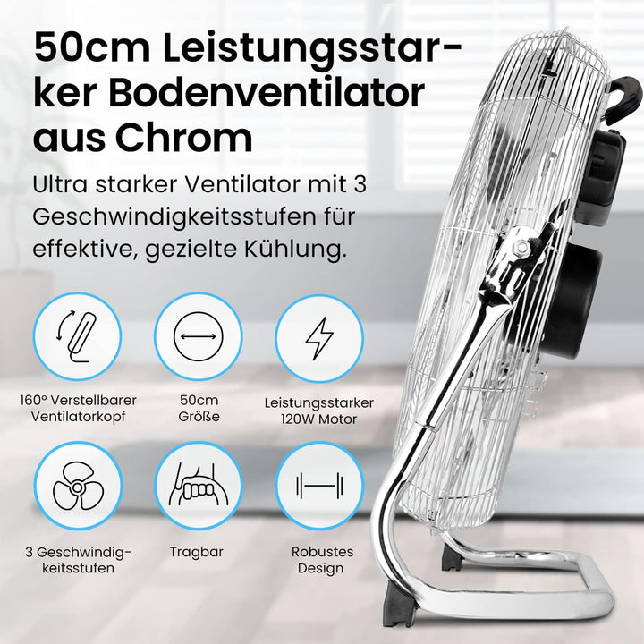 Pro Breeze 50 cm Bodenventilator aus Chrom, Ventilator mit 3 Geschwindigkeitsstufen und verstellbare